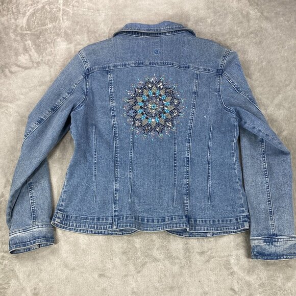Christine Alexander Trucker Jacket Women L Blue Denim Rhinestone Mandala Crystal - Picture 13 of 16